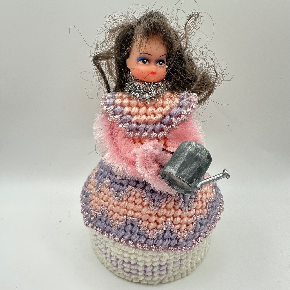 Vintage August Birth Month Plastic Canvas Doll Pink Purple Kitschy Handmade 6.5"